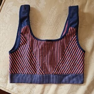 Fabletics Navy and Orange Striped Sports Bra